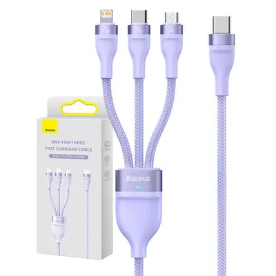 Immagine prodotto di USB-C to Lightning / microUSB / USB-C Charging Cable Baseus Flash Series II 3in1, 100W, 5A, 1.5m, Purple CASS030205