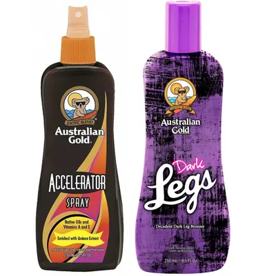 Produktbild von Australian Gold Accelerator Spray + dunkle Beine an den Beinen