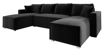 Produktbild von Wohnlandschaft U form Cord NOEMI 145x300 cm, Ecksofa U form Schwarz mit Schlaffunktion und Bettkasten, Sofa XXL, Couch U form, Polsterecke - PS 135