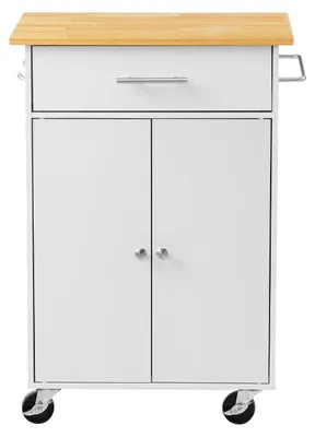 Image de Charriot d'îlot de cuisine SucceBuy avec 1 tiroir et 2 portes, de couleur blanche, chariot de cuisine mobile avec placard, porte-serviettes, plan de travail (600 x 380 x 15 mm) et crochets, idéal pour la salle à manger, la cuisine et comme chariot de service