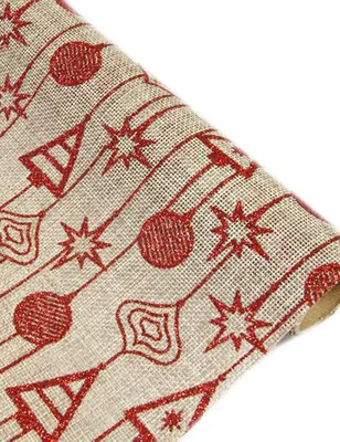 Produktbild von Tischläufer aus Stoff mit roten Kugeln + Tannenbäumen 4 m x 28 cm für