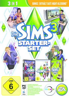The image shows the packaging for 'Die Sims 3 Starter Set', which includes multiple game boxes and promotional elements.