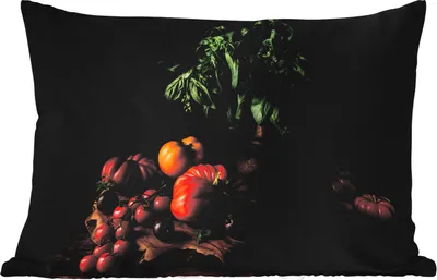 Produktbild von MuchoWow® Outdoor Kissen - Stilleben - Tomaten - Basilikum - Gemälde - Gemüse - Schwarz - 60x40 cm - Wetterfest - Lounge Kissen - Zierkissen - Kissen für Innenräume