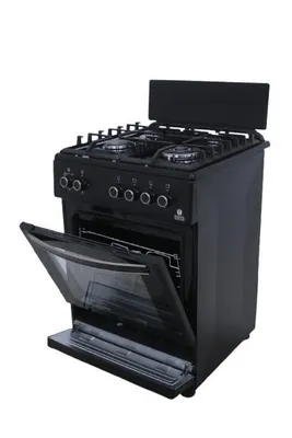 A black gas stove with the oven door open, shown against a white background.