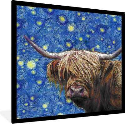 Produktbild von MuchoWow® Gerahmtes Poster Van Gogh - Sternennacht - Schottischer Highlander 40x40 cm - Poster mit Schwarzem Bilderrahmen Wandposter Rahmen Foto Bilder - Mit Rahmen - Wanddekoration Schlafzimmer