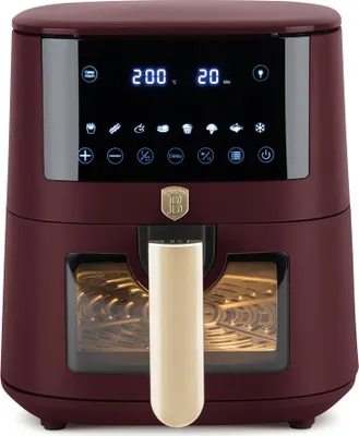 A digital air fryer with a transparent window and a touch screen display.