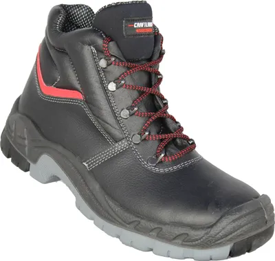 A single black work boot with red accents and red and black laces, shown from a three-quarter angle against a white background.