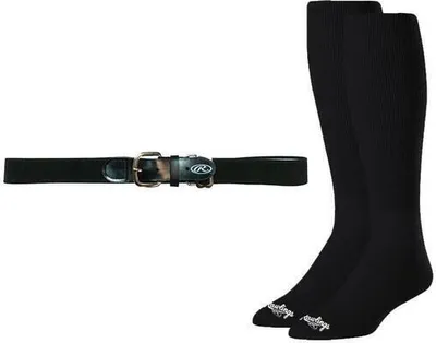 A black baseball belt and a pair of black baseball socks are displayed against a white background.