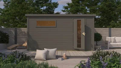 Produktbild von Karibu Saunahaus Außensauna Gartensauna Hytti 6 terragrau lackiert ohne Zubehör 38mm Massivholz 396x231x217 cm