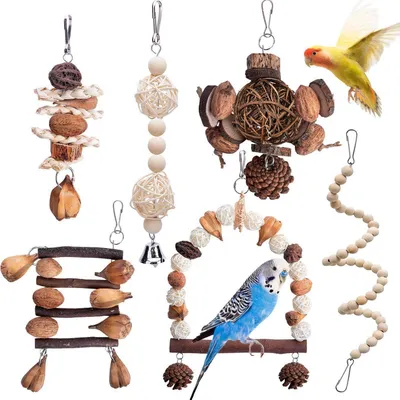Produktbild von Vogelspielzeug Set 6 Stück Holz Kauspielzeug Schaukel für Papageien Wellensittich Aras Finken