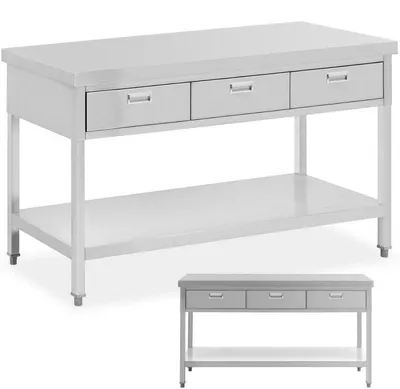 Immagine prodotto di Tavolo da lavoro in acciaio inossidabile, 150 x 60 cm – Banco da lavoro professionale per cucina, con tre cassetti, ripiano inferiore e capacità di carico di 295 kg