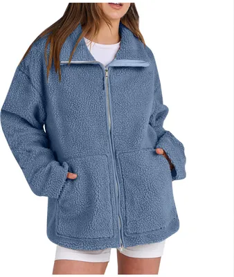 Produktbild von ASKSA Damen Jacke Teddyjacke Doppelschieber Reissverschluss Winter Fleecejacke Winterjacke Warme Teddyfleece Outdoor Casual Jacken mit Taschen (Blau,XL)
