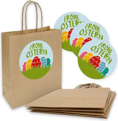 Produktbild von itenga 5x Geschenktüte mit Kordel 18x8x22cm + Sticker Frohe Ostern bunt