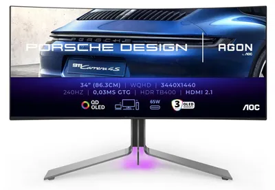 Obrázek produktu pro AOC Porsche PD34, 86,4 cm (34"), 3440 x 1440 px, Wide Quad HD, QD-OLED, 0,03 ms, Černá