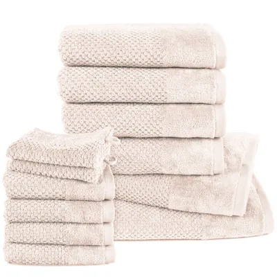 Produktbild von Pure Label 12.TLG Handtücher Set aus Baumwolle - 2x Badetuch 70x140 cm 4x Handtuch 50x100 cm 4x Gästetuch 30x50 cm 2x Waschlappen 16x21 cm, Creme