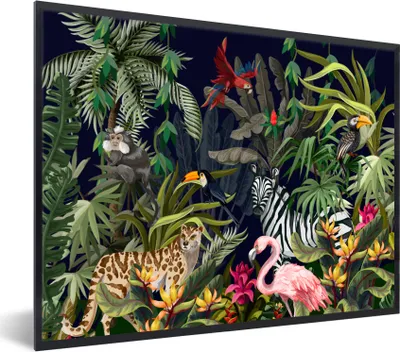 Produktbild von MuchoWow® Gerahmtes Poster Dschungeltiere - Natur - Jungen - Mädchen - Flamingo - Zebra 80x60 cm - Poster mit Schwarzem Bilderrahmen Wandposter Rahmen Foto Bilder - Schwarzem - Mit Gestell