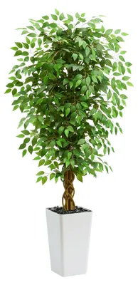 Produktbild von Künstlicher Ficus (150 cm), realistische Abmessungen, große Kunststoffpflanze, künstlicher Ficus benjamini für Büro, Zuhause, Innen- und Außendekoration, Wohnzimmer, Schlafzimmer, Garten