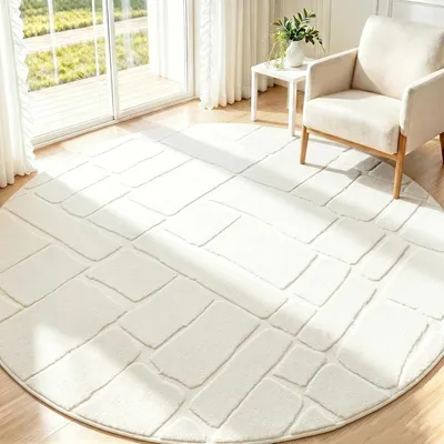 Productafbeelding van Rond Vloerkleed 160 cm, voor woonkamer, korte pool, antislip, crème kleur, wol