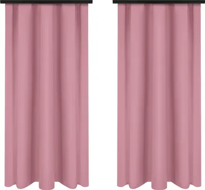 Two pink curtains hanging against a white background.