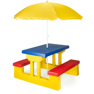 A children's picnic table with benches and a yellow umbrella, set against a white background.