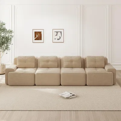 Produktbild von Modulares Sofa 4-Sitzer Cloud Sofa Beige, Boneless Sofa Wohnzimmer aus Cordstoff, 382x104x69 cm, Rutschfest ohne Montage