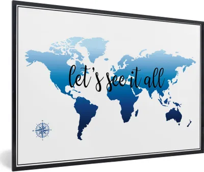 Produktbild von MuchoWow® Gerahmtes Poster Weltkarte - Blau - Kompass 90x60 cm - Poster mit Schwarzem Bilderrahmen Wandposter Rahmen Foto Bilder - Fotorahmen - Foto-Plakat