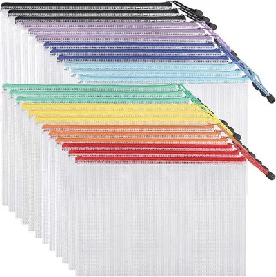 Produktbild von 24er Set A4 Reißverschlusstaschen - Netztaschen mit Reißverschluss - Dokumententaschen - PVC - 8 Farben - Wasserabweisend - Für Dokumente,Spielzeug