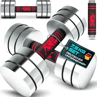 Zdjęcie produktu dla RE:SPORT® Zestaw 2 sztuk hantli z litej stali, kolor czerwony, 2 x 7,5 kg | Hantle z obciążeniem i uchwytem z pianki | Hantle do domowej siłowni, trening siłowy i budowa mięśni