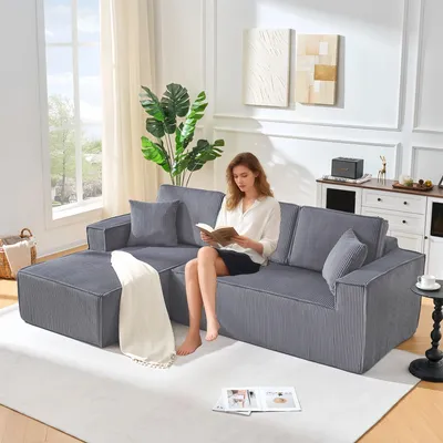 Produktbild von Vollkomprimiertes L-Form-Sofa, Cord, 2-Sitzer + Chaiselongue, Hochdichtschaum (Blue)