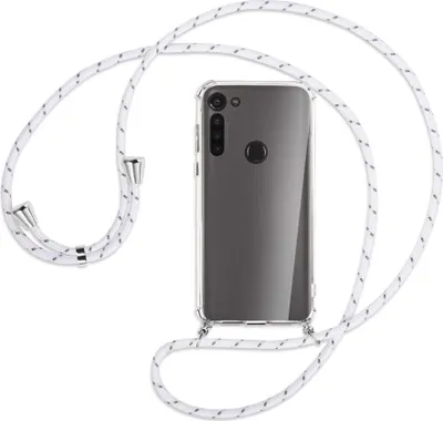 Produktbild von Handykette Backcover-Schutzhülle mit Band (Metall silberfarben) für Motorola Moto G8 - weiß/grau