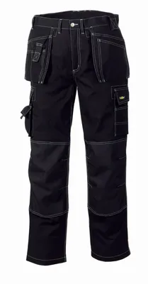 A pair of black work pants with multiple pockets, shown front-on against a white background.