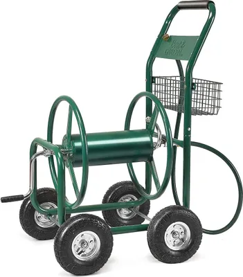 Produktbild von Schlauchwagen Metall, Gartenschlauchwagen 80m, Schlauchaufroller mit Korb, Gartenbewaesserung Schlauchabroller, Grün