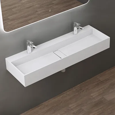 Produktbild von doporro Waschbecken Hängewaschbecken 120x40x14 cm, Aufsatzwaschbecken in Weiß matt aus Mineralguss Waschtisch mit 2 Armaturenlöcher Colossum6028