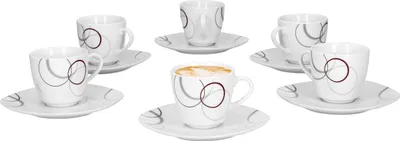 Image de Lot de 6 tasses à espresso Palazzo 11 cl avec soucoupes de 12,3 cm - en porcelaine blanche ornée de cercles gris et rouge foncé