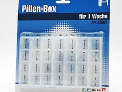 Produktbild von Wochen-Pillenbox mit 7 Fächern zur Medikamentenorganisation für 7 Tage, 1 Stück, transparent, 170x110mm