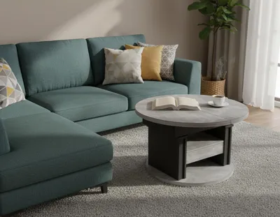Produktbild von Design Couchtisch DA-999 rund 100 - 140cm ausziehbar höhenverstellbar mit Schublade und Ablage