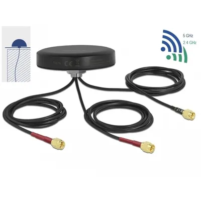 Produktbild von DeLOCK LTE MIMO Dualband WLAN 802.11 ac/ax/a/h/b/g/n Antenne 3 x SMA Stecker RG-174 1 m Schraubmontage outdoor schwarz, 3 dBi, 0.698-0.96; 1.71-2.69; 2.4-2.483; 4.9-5.825 GHz, 50 Ohm, SMA, Lineare Polarisation, 2,0/3,0