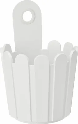 A white plastic planter pot with a fence-like design.