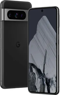 A Google Pixel 8 Pro smartphone is shown from two angles, one showing the back with the camera array and the other showing the front with the screen on.