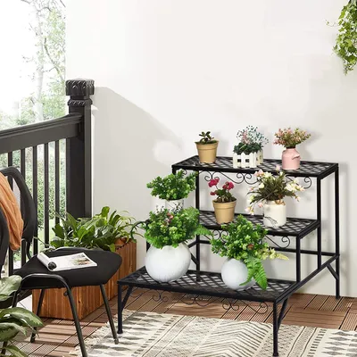 Immagine prodotto di Scala per fiori a 3 ripiani, scaffale per fiori in metallo, porta-piante a 3 livelli, scaffale con piedini antiscivolo, scaffale portaoggetti per balcone, terrazza, giardino e soggiorno, 70×60×60,5 cm