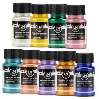 Produktbild von LM-Kreativ Metallika for Artists Set Color Pop, 9 x 50 ml – hochpigmentierte Metallic-Acrylfarben für Holz, Leinwand, Keramik & Glas, KI-generiertes Bild