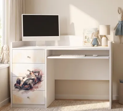 Produktbild von Großer Kinderschreibtisch Weiß 125x60 cm mit 4 Schubladen, Schülerschreibtisch für Jungen & Mädchen, Lerntisch PC-Tisch mit Aufkleber, KI-generiertes Bild