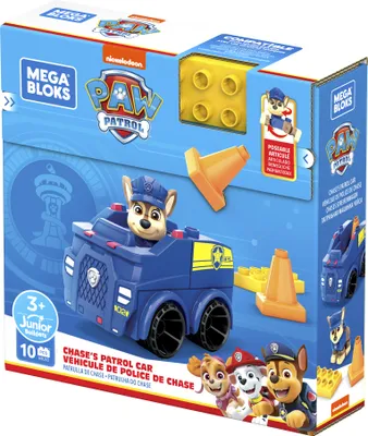 The image shows the packaging of a Mega Bloks Paw Patrol Chase's Patrol Car toy set.