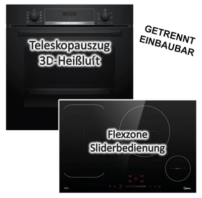 Produktbild von Herdset Bosch Backofen 3D-Heißluft Teleskopauszug + Midea Flex-Induktionskochfeld 77 cm