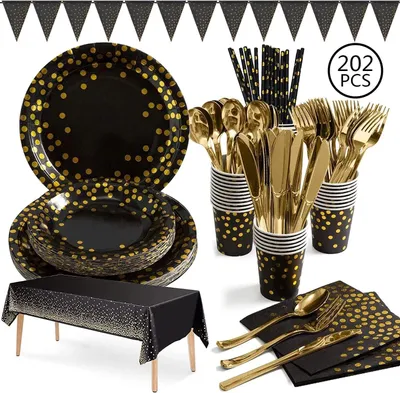 Produktbild von Stilvolles Fest Party Geschirr Besteckset Schwarz-Gold - 202 Stück
