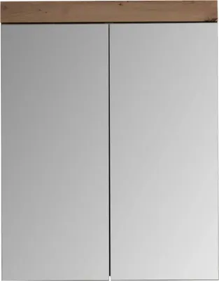 A close-up frontal view of a mirrored cabinet with a wooden top.