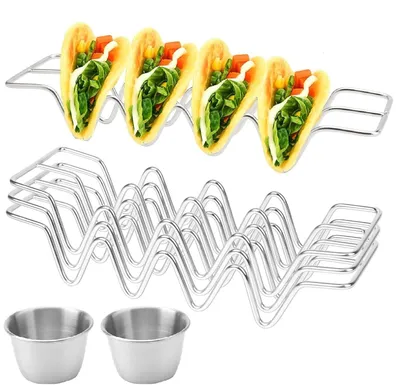 Zdjęcie produktu dla Zestaw 3 uchwytów ze stali nierdzewnej do tacos, z pojemnikami na sos