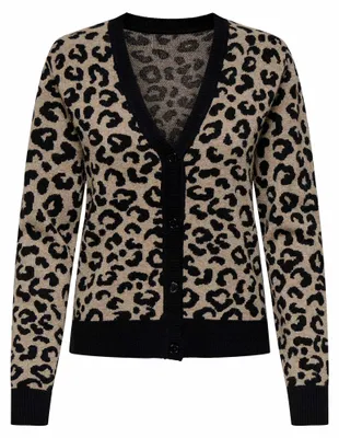 Produktbild von ONLY Damen Strickjacke - ONLLEO V-NECK CARDIGAN, Viskose-Mischung, Leoparden-Print Schwarz/Hellbraun L