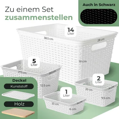 Productafbeelding van Novaliv opbergbox met deksel, klein, 5 liter, witte mand in rotanlook, geschikt voor voedsel, opbergmand, stapelbare box, nestbaar, kunststof, BPA-vrij, doos, opbergbox met deksel