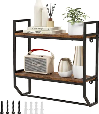 Produktbild von COSTWAY 2 Ebenen Wandregal Holz Industrial, Schweberegal mit Stange, Regal mit Metallrahmen, ideal für Wohnzimmer, Küche und Badezimmer
